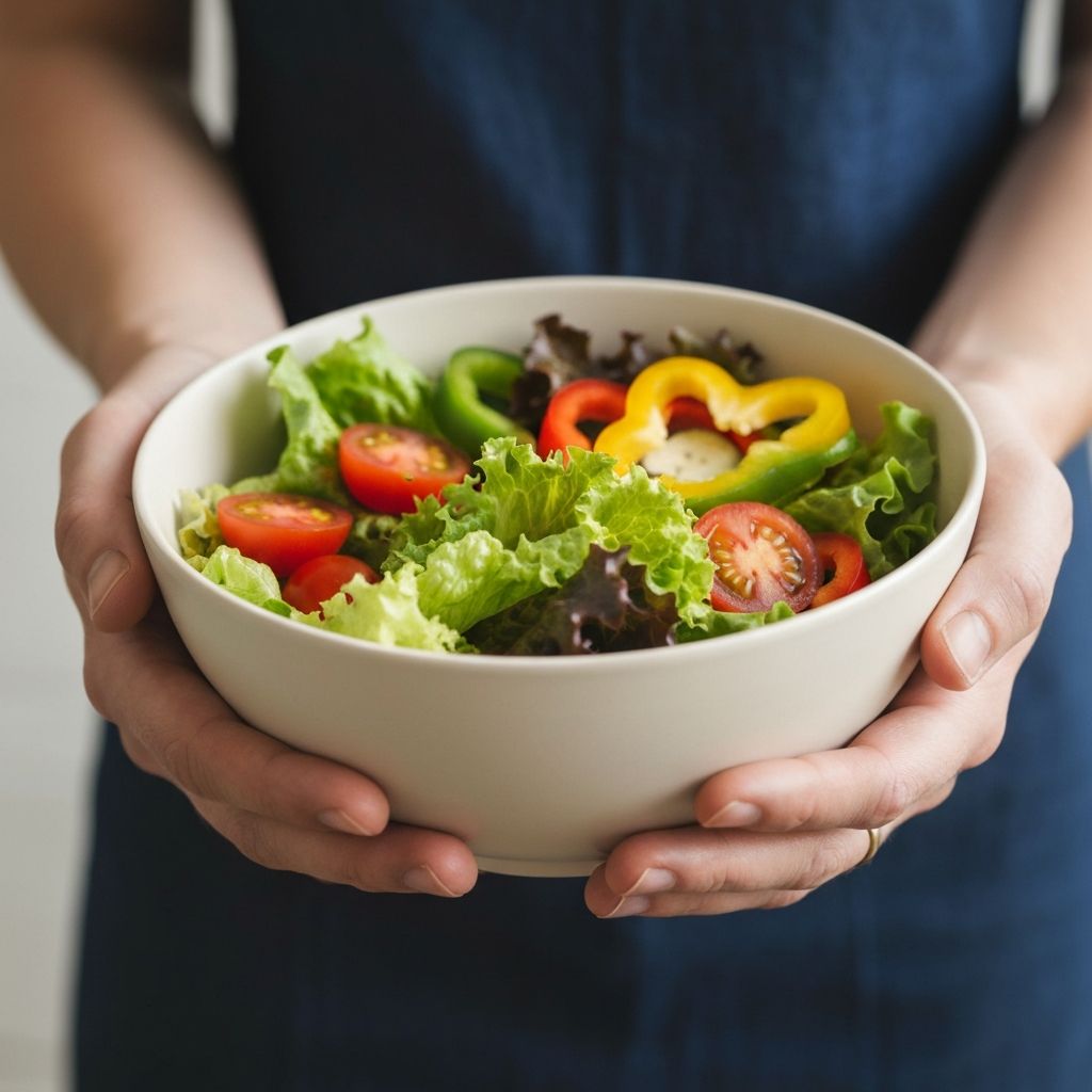 Hands gently holding a colorful salad bowl
