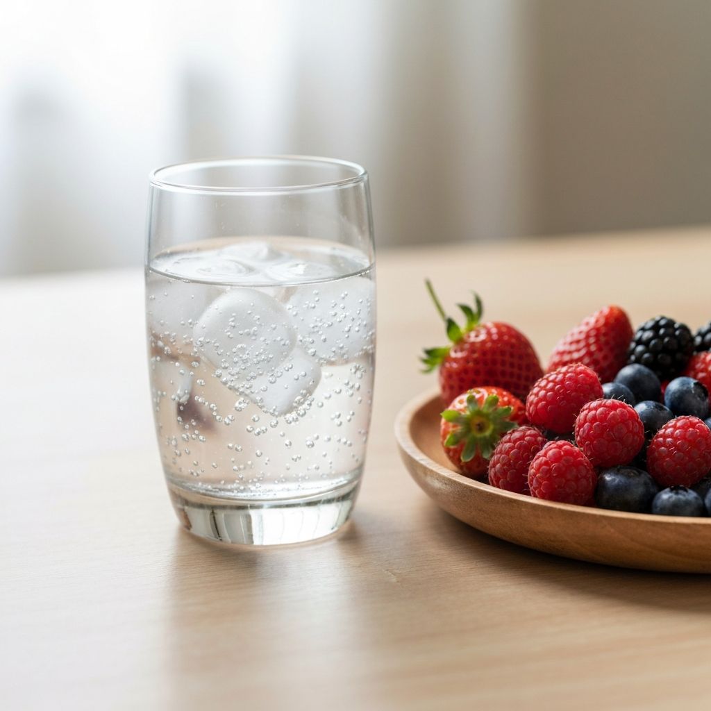 Glass of water with fresh berries on a plate