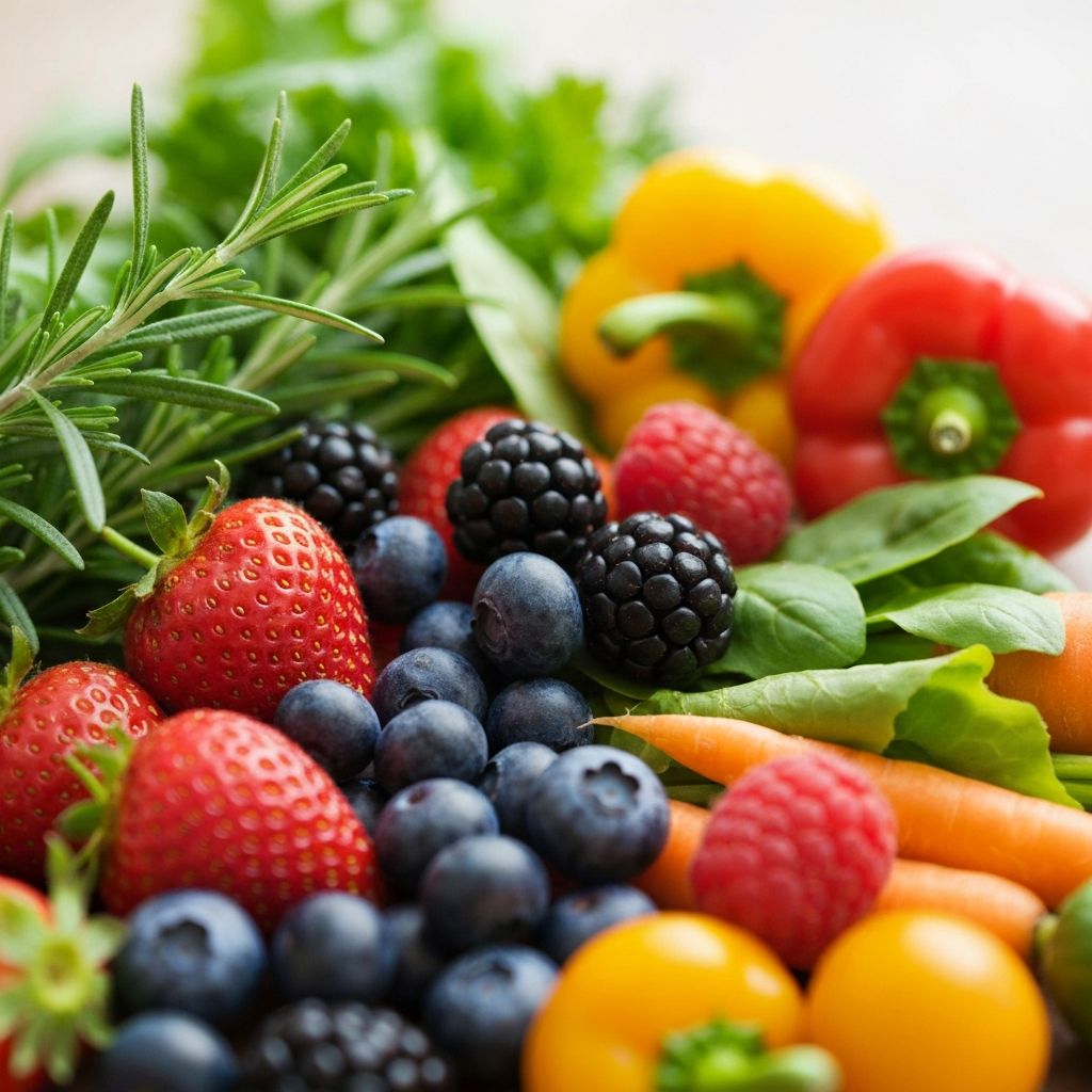 Close-up texture of fresh herbs and berries